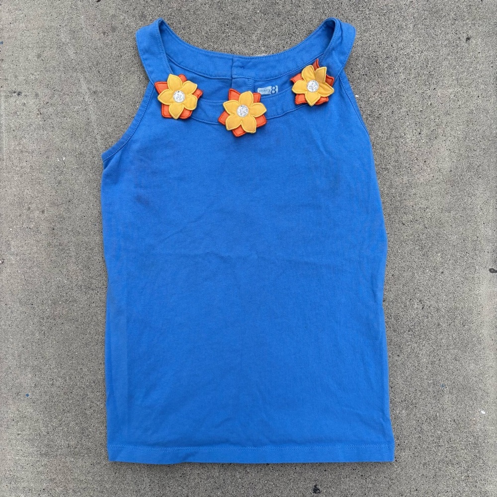 Crazy 8 Blue No Sleeve Tank Top with Orange and Yellow Flower Appliqués XL 14